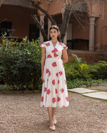 Women's White Floral Print Cotton Midi Dress