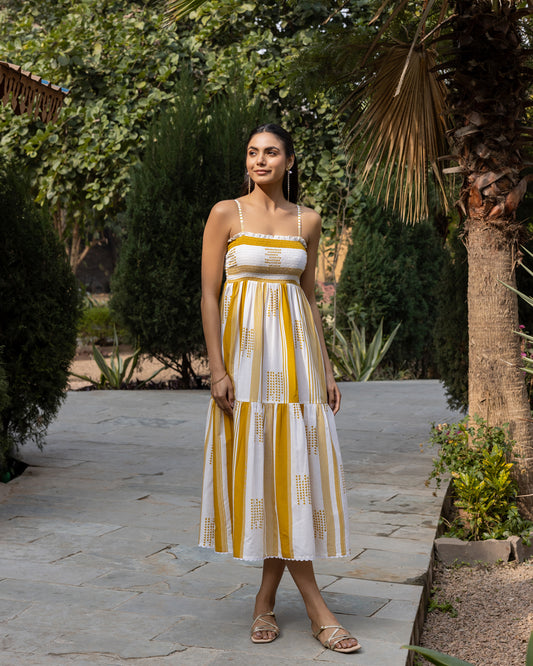 Women's Mustard Striped Cotton Midi Dress