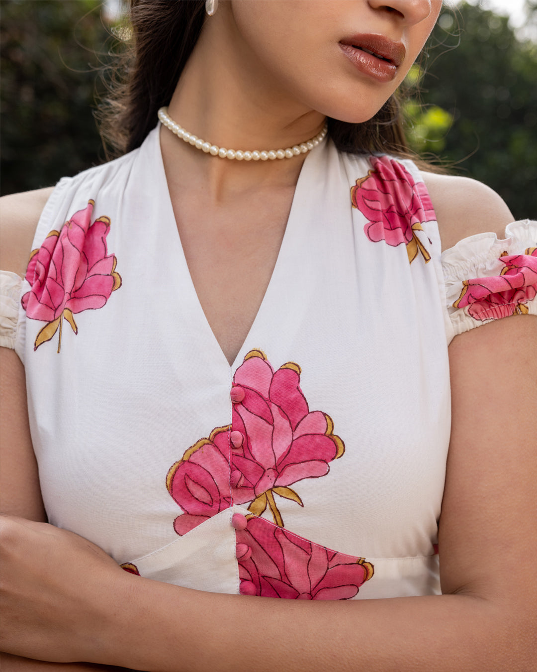 Women's White Floral Print Cotton Midi Dress