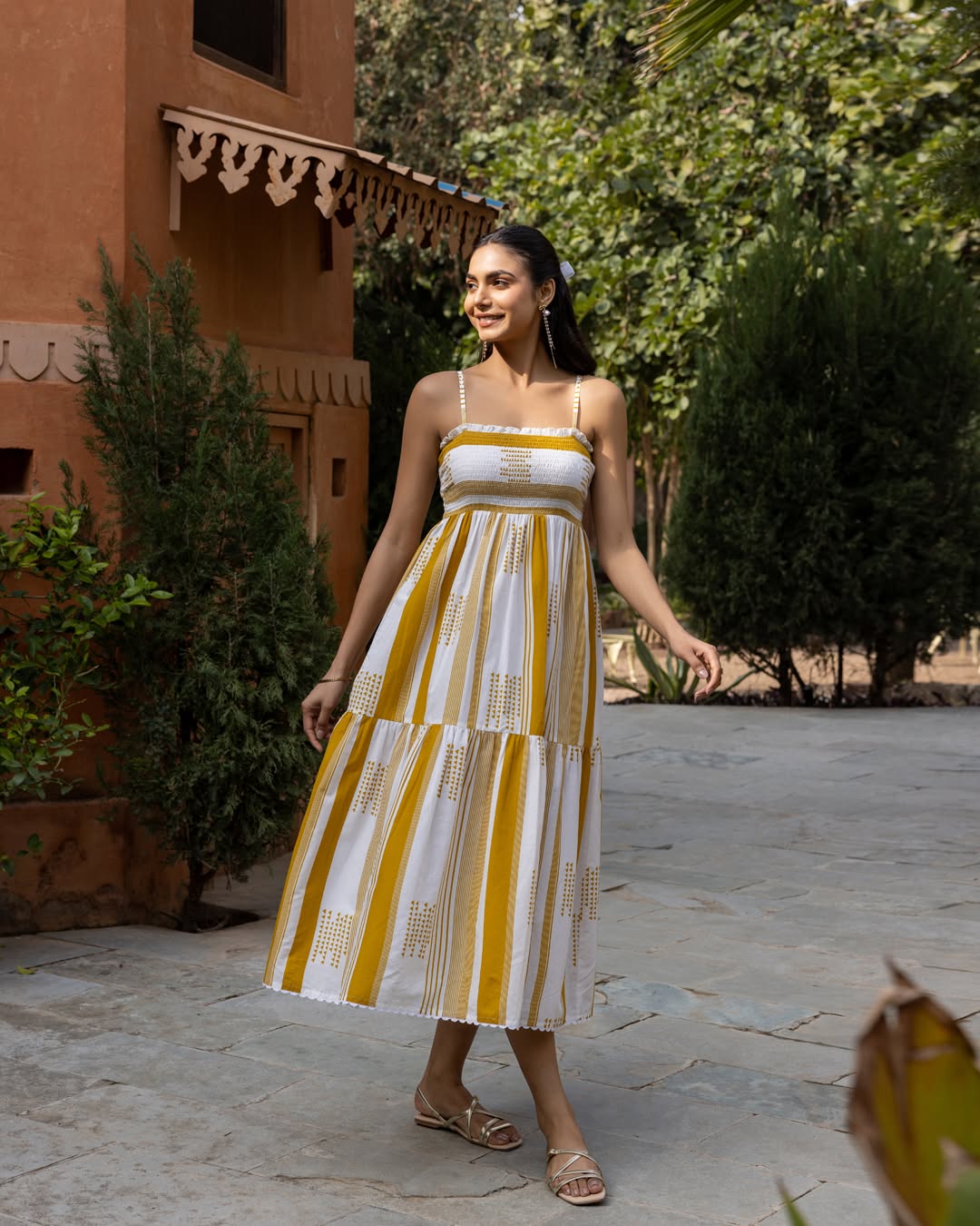 Women's Mustard Striped Cotton Midi Dress