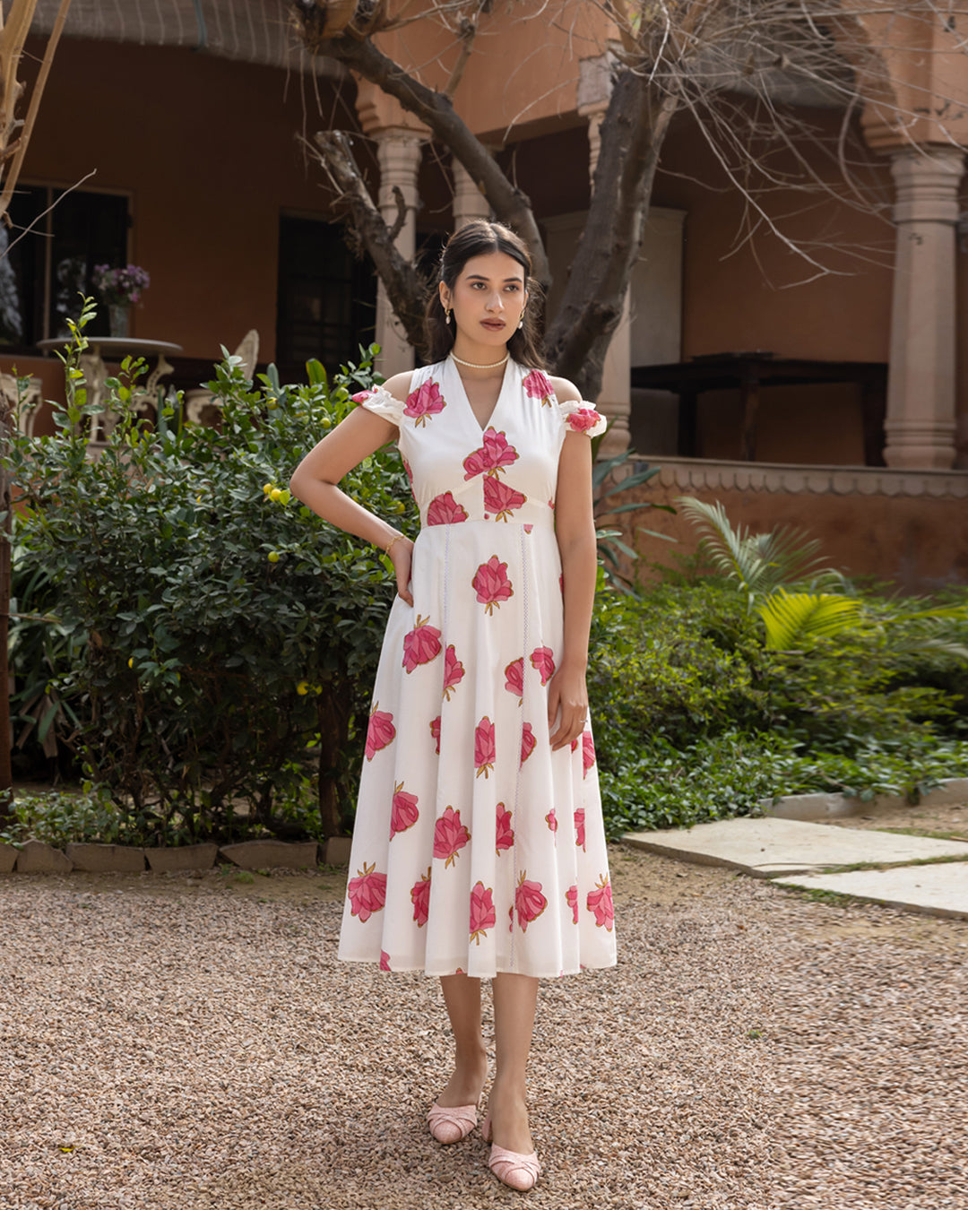 Women's White Floral Print Cotton Midi Dress