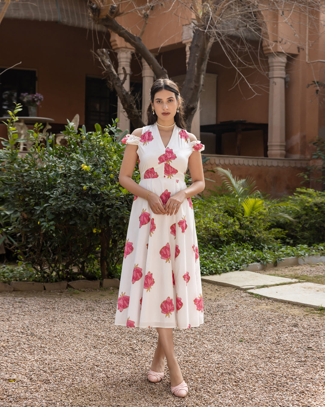 Women's White Floral Print Cotton Midi Dress