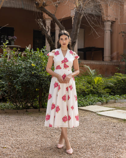 Women's White Floral Print Cotton Midi Dress