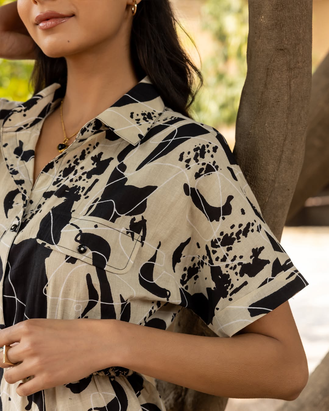Women's Black Abstract Print Cotton Midi Dress