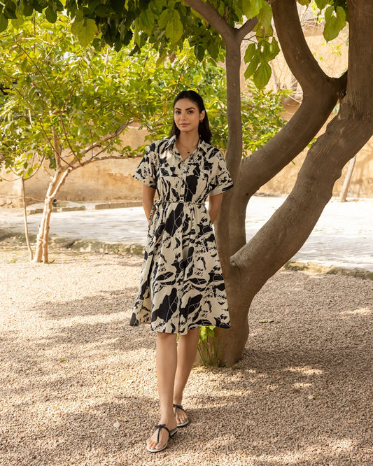 Women's Black Abstract Print Cotton Midi Dress