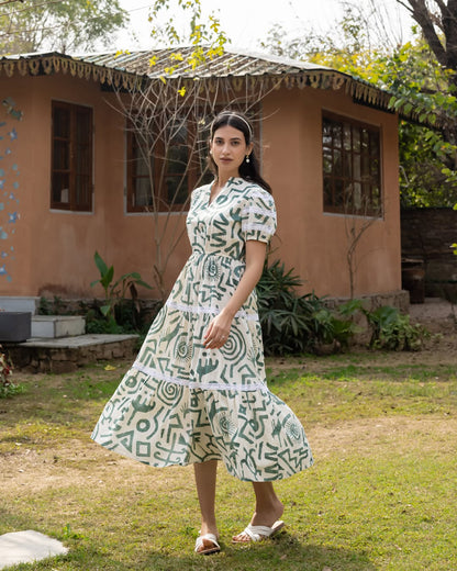 Women's Off-White Printed Cotton Midi Dress