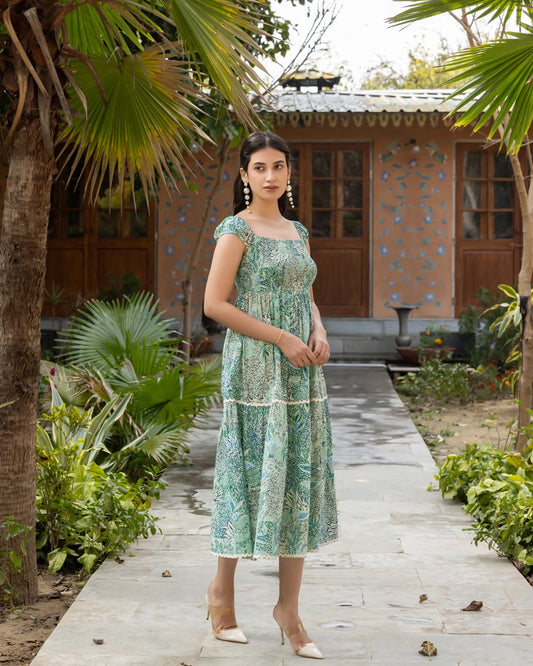 Women's Light Green Leaf Print Cotton Midi Dress