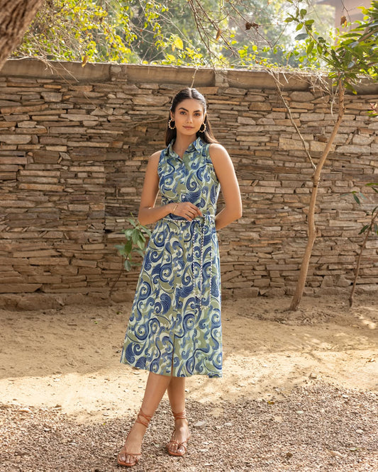 Women's Olive Green Abstract Print Cotton Midi Dress