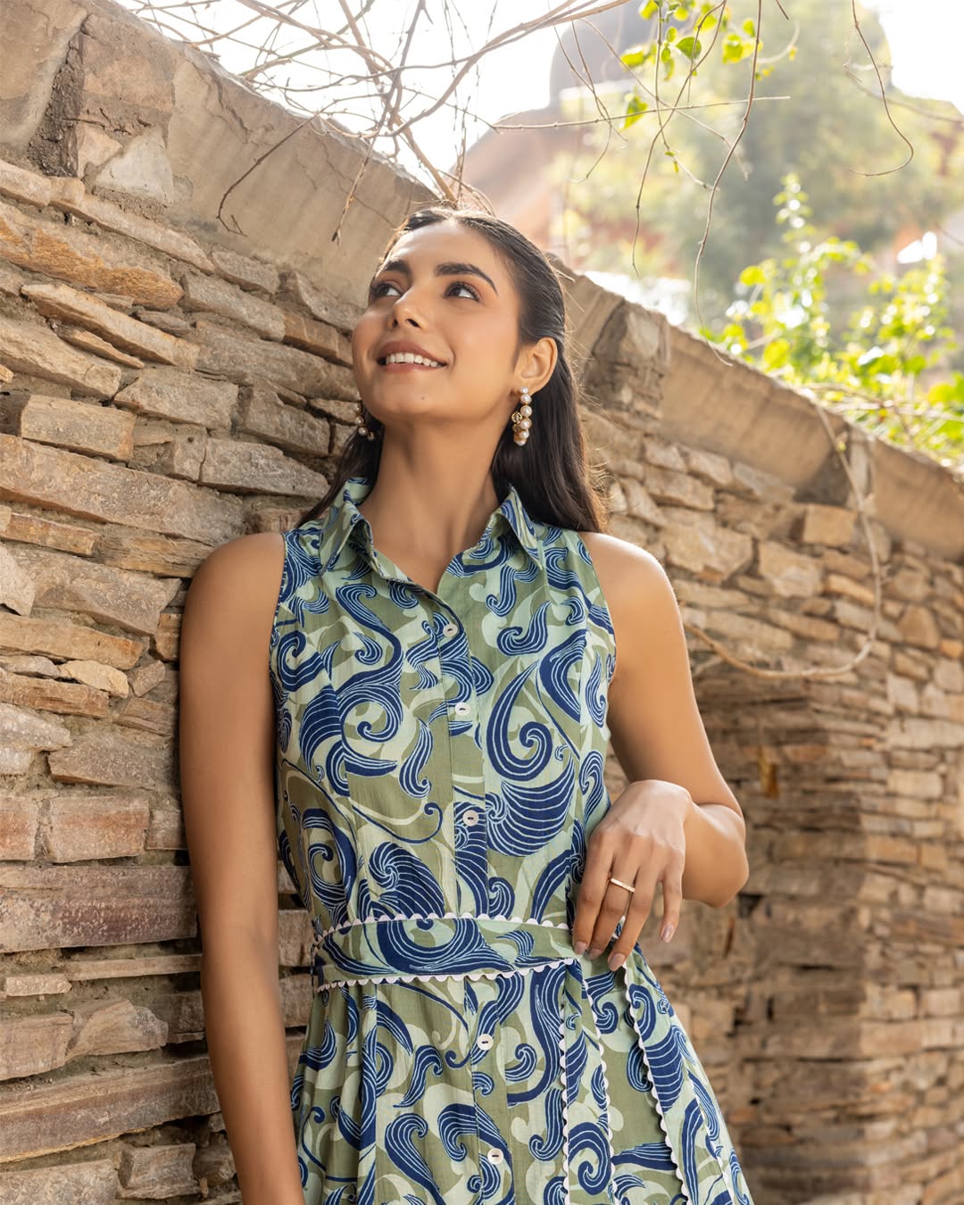 Women's Olive Green Abstract Print Cotton Midi Dress
