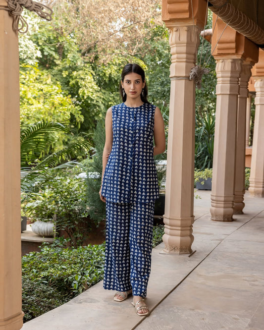 Women's Navy Blue Cotton Printed Co-ord Set