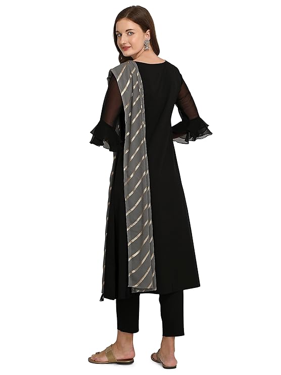 Women's Black Poly Crepe A-Line Kurta with Pant and Dupatta