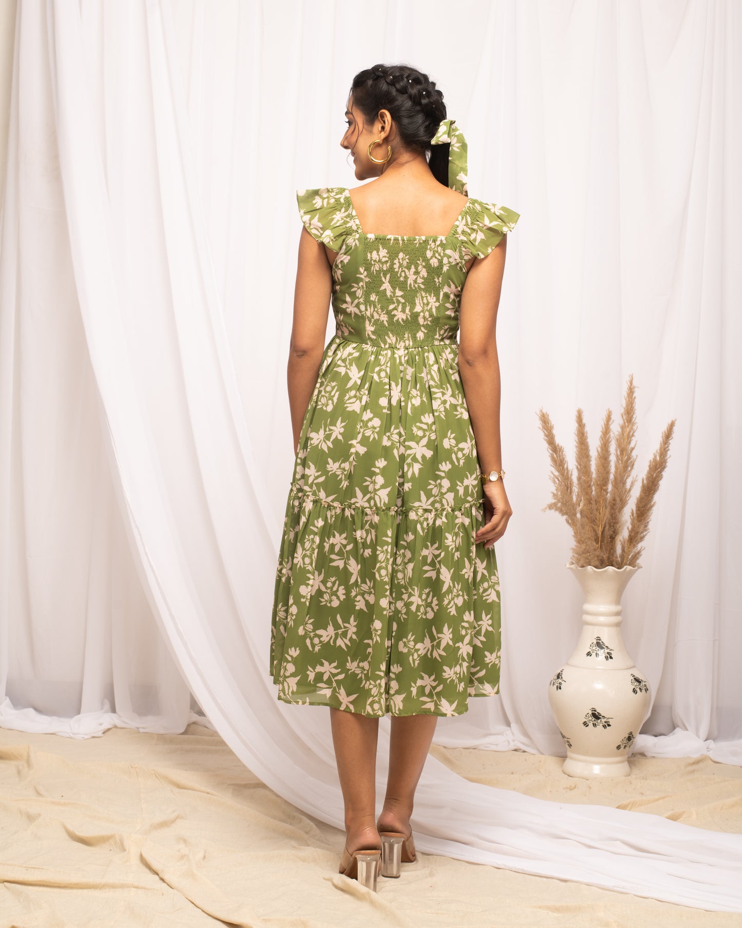 Women's Green Cotton Block Printed Western Dress
