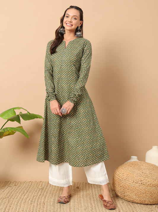 Women's A-Line Kurta in Green Cotton with Floral Design
