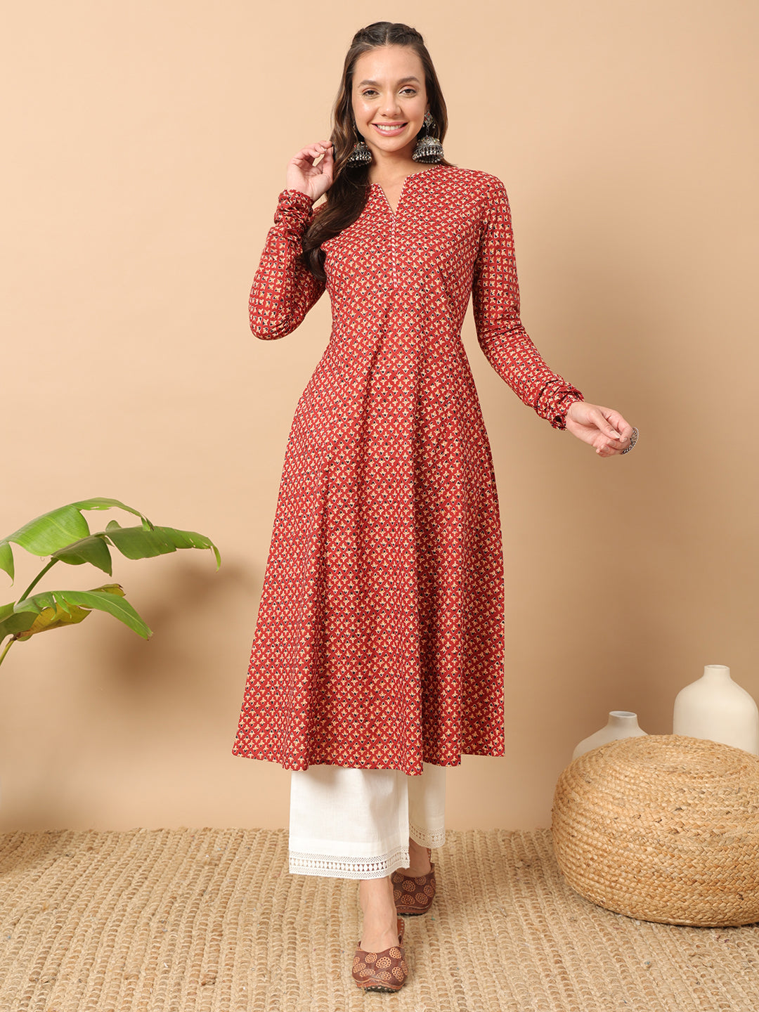 Women's A-Line Cotton Kurta – Red with Floral Print