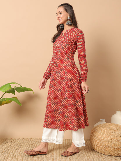 Women's A-Line Cotton Kurta – Red with Floral Print