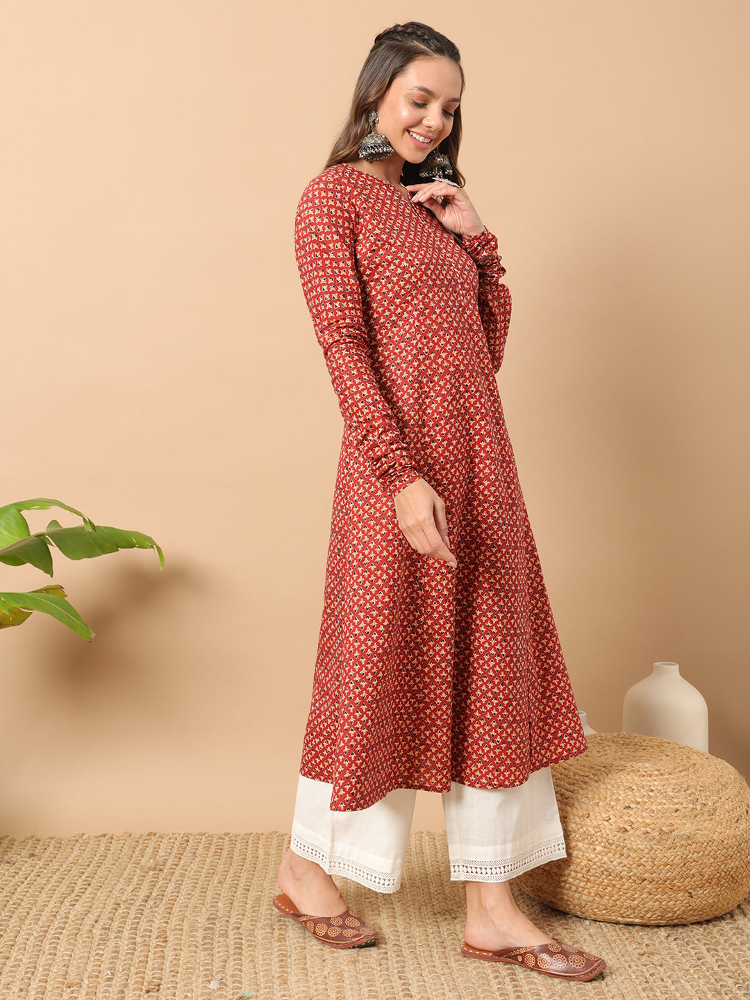 Women's A-Line Cotton Kurta – Red with Floral Print