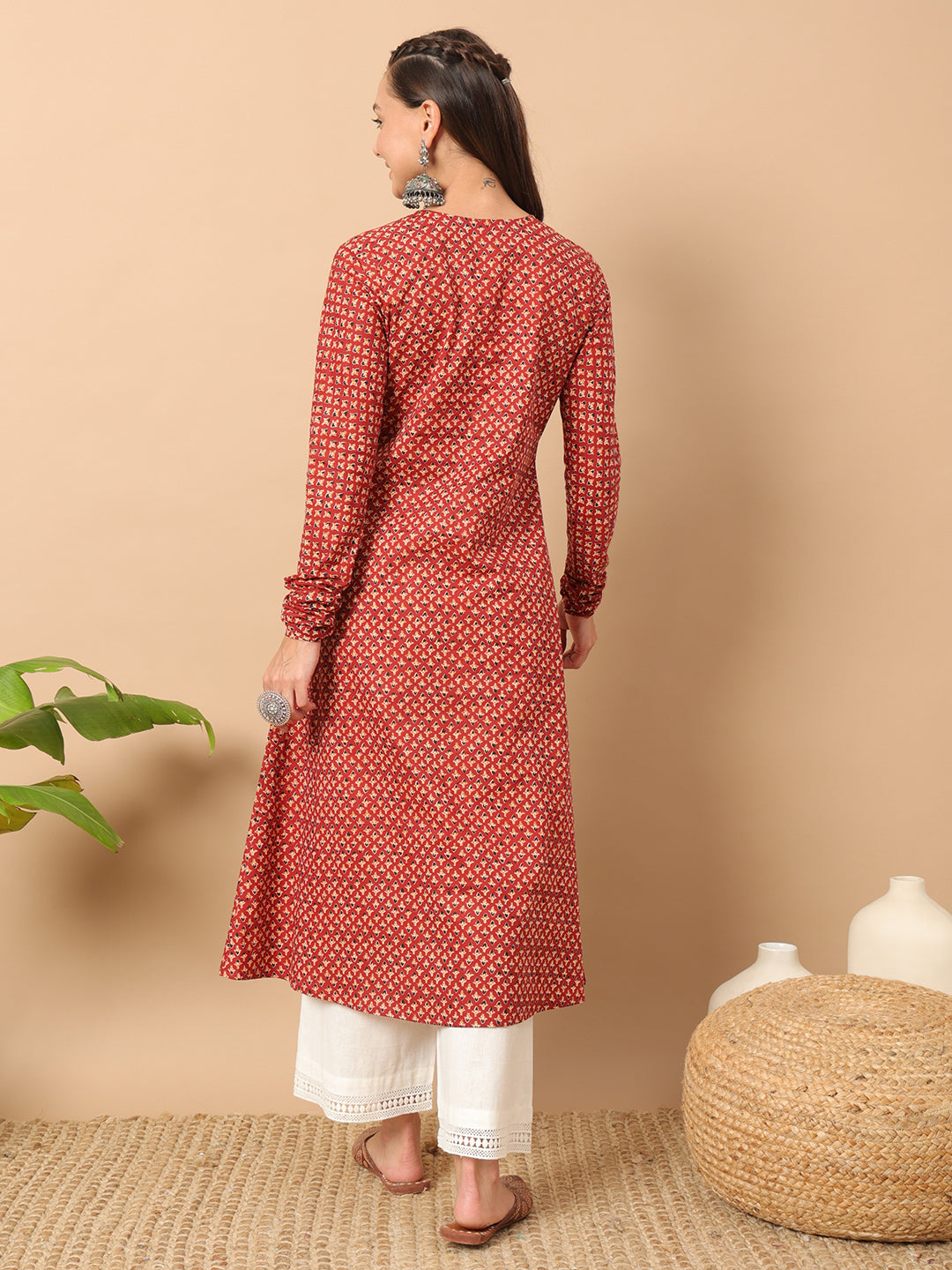 Women's A-Line Cotton Kurta – Red with Floral Print
