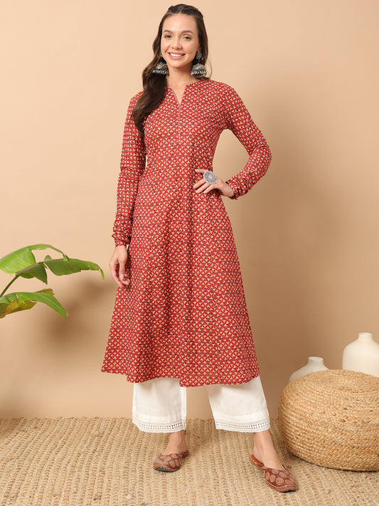 Women's A-Line Cotton Kurta – Red with Floral Print