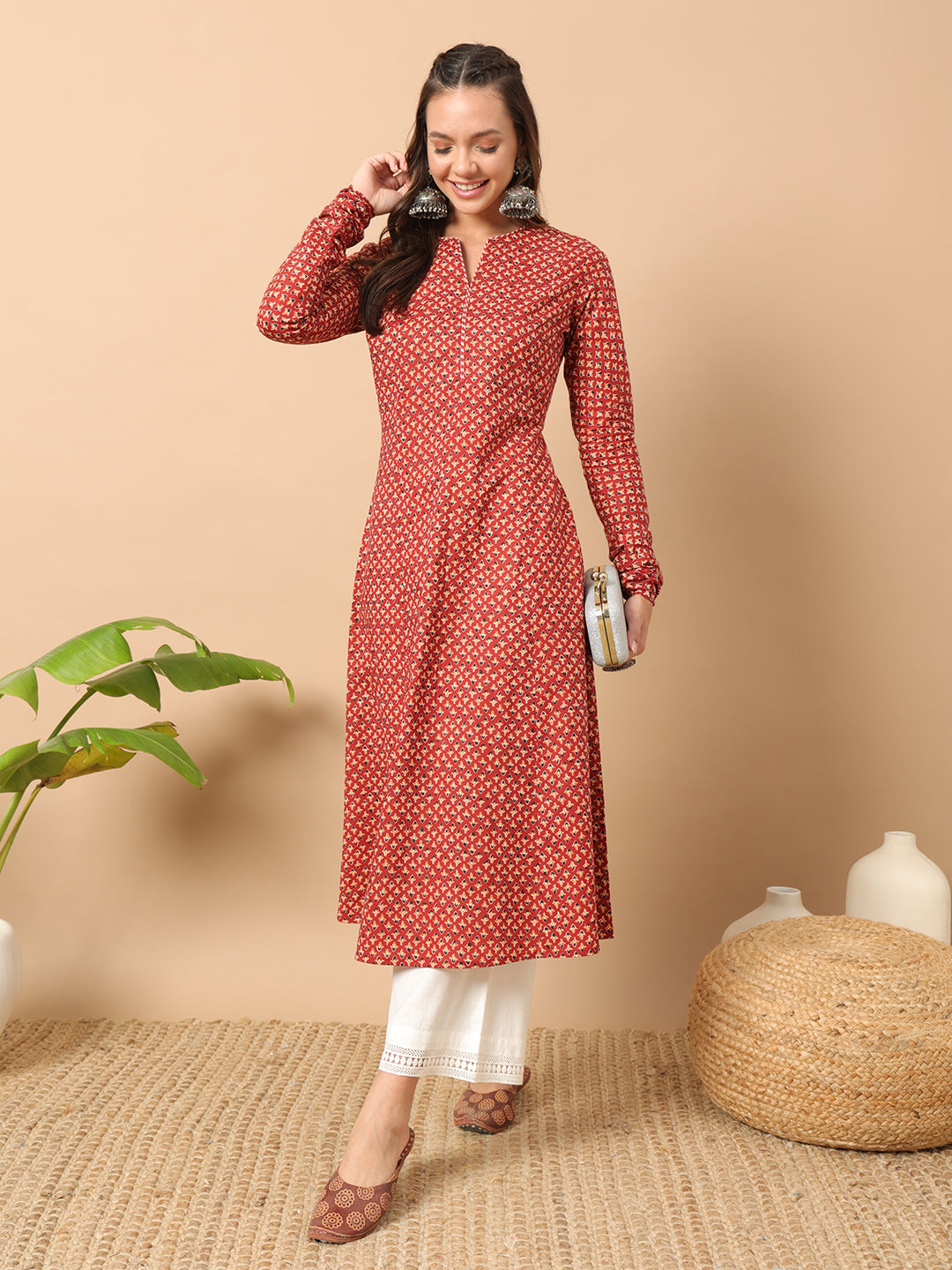 Women's A-Line Cotton Kurta – Red with Floral Print