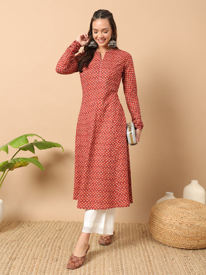 Women's A-Line Cotton Kurta – Red with Floral Print