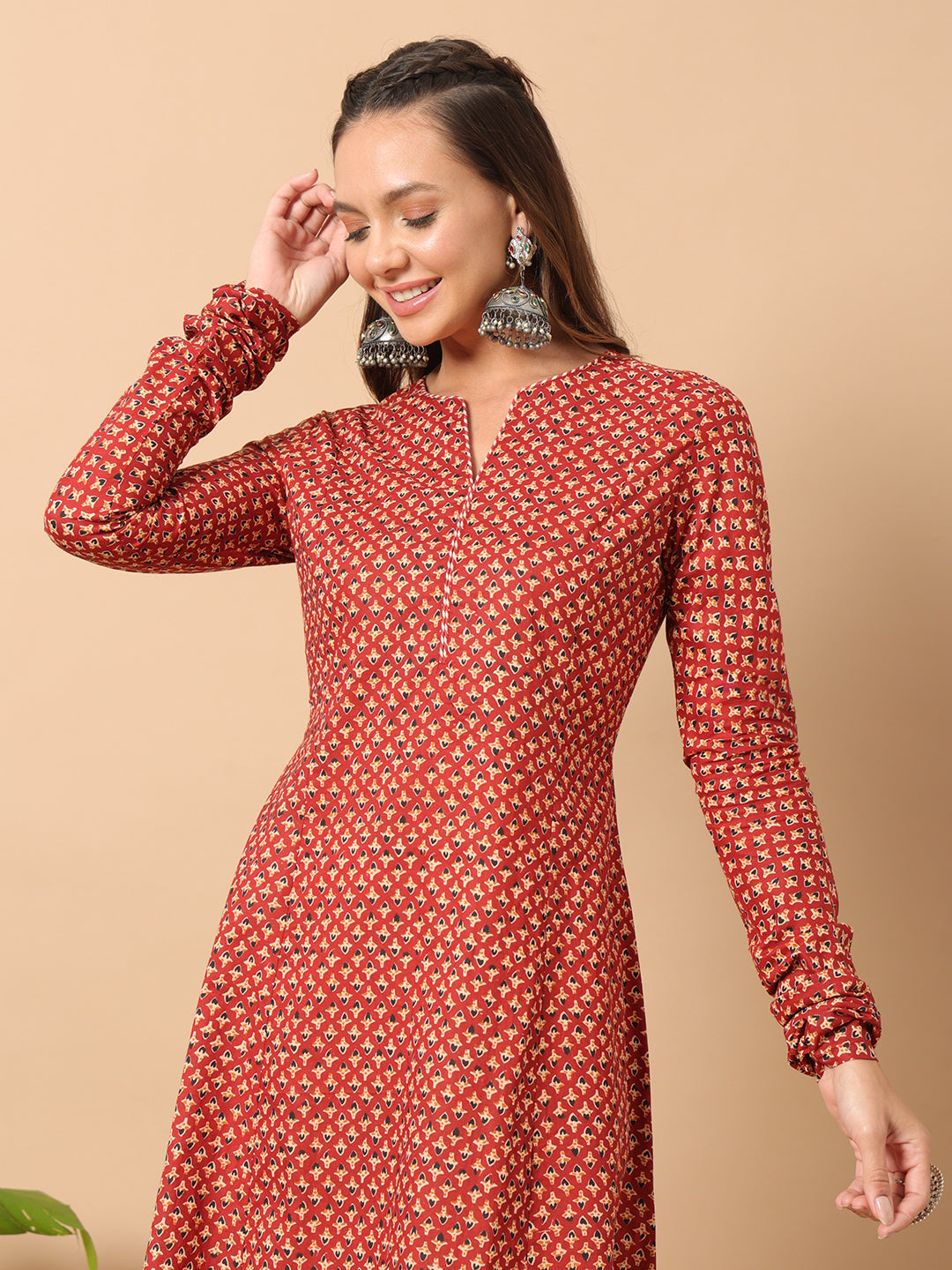 Women's A-Line Cotton Kurta – Red with Floral Print