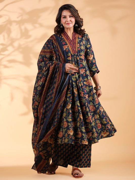 Blue Floral Print Alia Cut Cotton Stitched Kurta Set