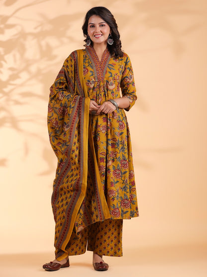 Mustard Floral Print Alia Cut Cotton Stitched Kurta Set