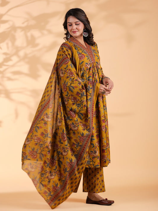 Mustard Floral Print Alia Cut Cotton Stitched Kurta Set