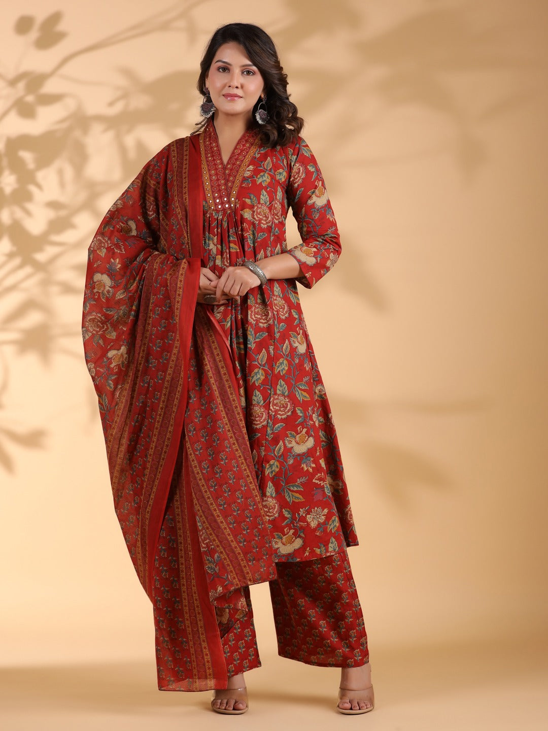 Red Floral Print Alia Cut Cotton Stitched Kurta Set