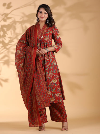 Red Floral Print Alia Cut Cotton Stitched Kurta Set