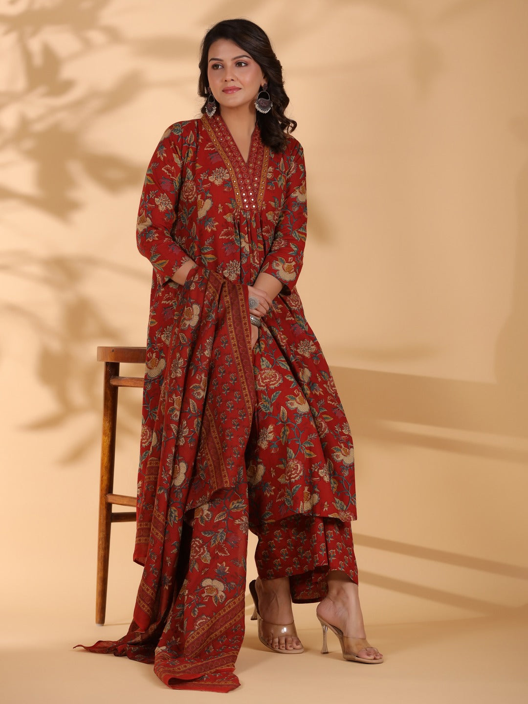 Red Floral Print Alia Cut Cotton Stitched Kurta Set
