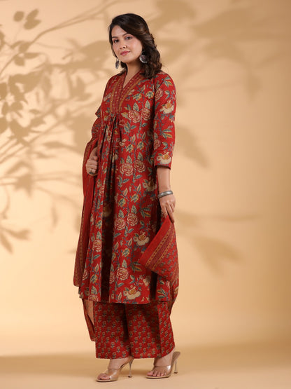 Red Floral Print Alia Cut Cotton Stitched Kurta Set