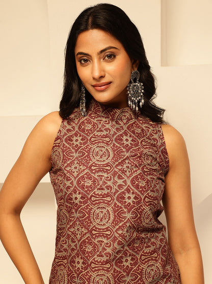 Wine Red Geometric Printed Straight Cotton Kurta
