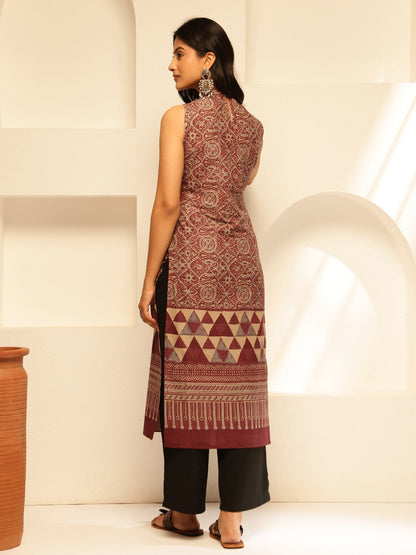 Wine Red Geometric Printed Straight Cotton Kurta