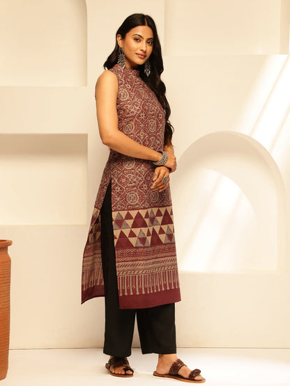 Wine Red Geometric Printed Straight Cotton Kurta