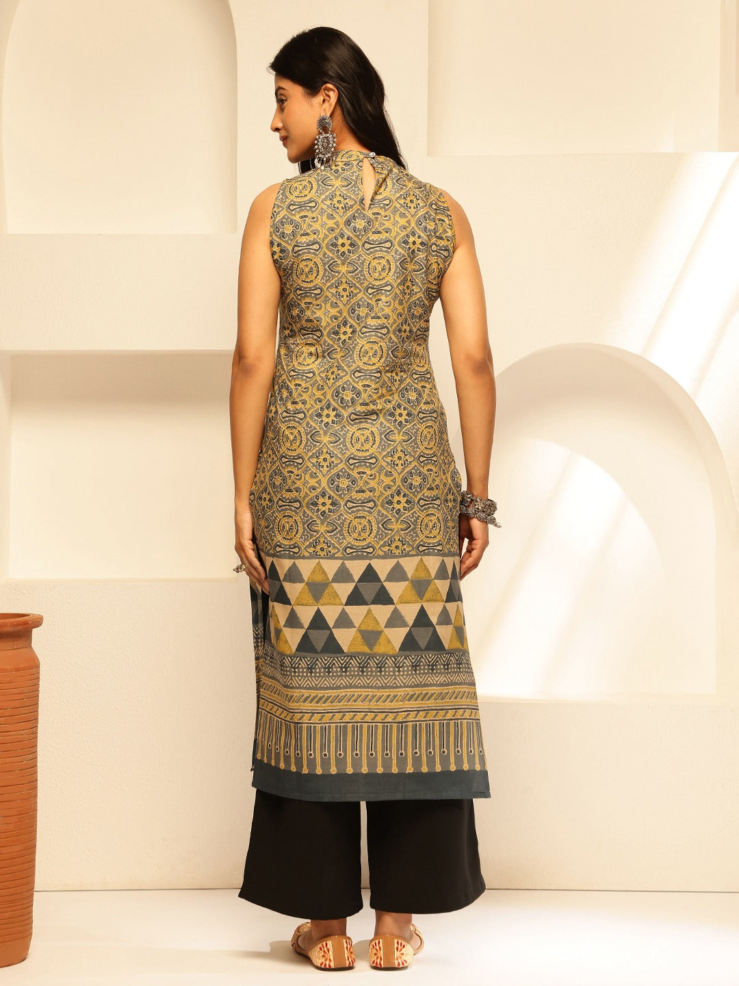 Olive Mustard & Charcoal Geometric Printed Straight Cotton Kurta