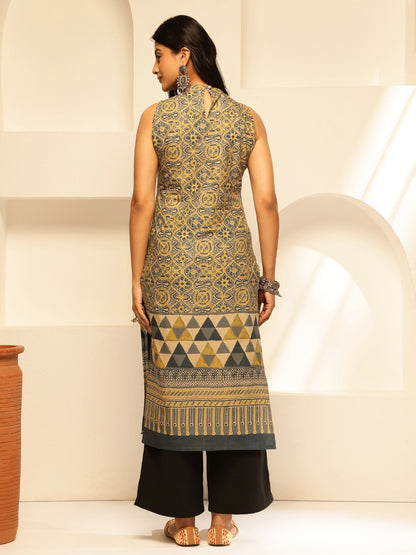 Olive Mustard & Charcoal Geometric Printed Straight Cotton Kurta