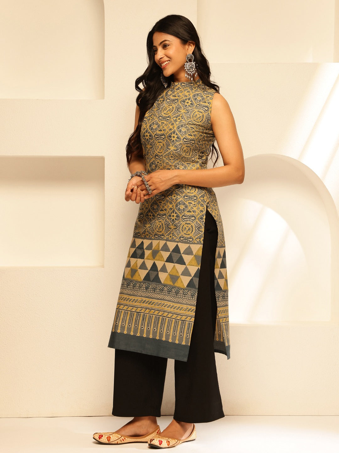 Olive Mustard & Charcoal Geometric Printed Straight Cotton Kurta