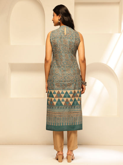 Teal Blue Geometric Printed Straight Cotton Kurta