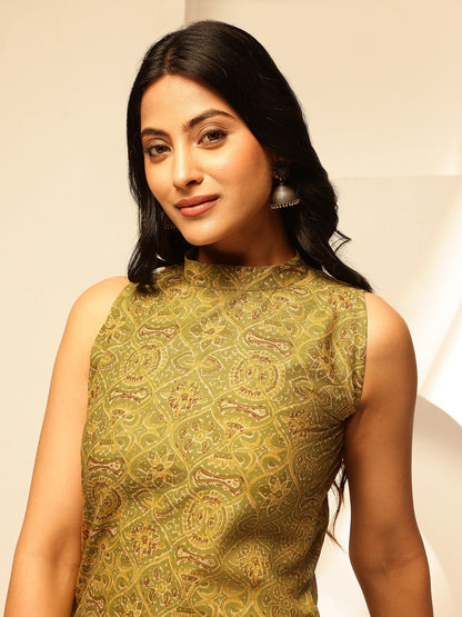 Mehndi Green Geometric Printed Straight Cotton Kurta