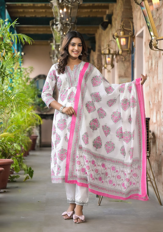 Elegant White & Pink Cotton Kurta Set with Printed Dupatta