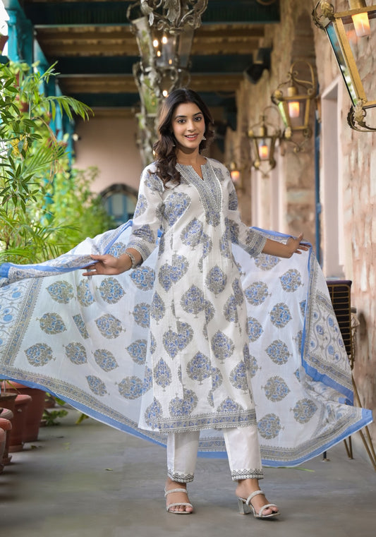 Graceful White & Blue Cotton Printed Kurta Set with Dupatta