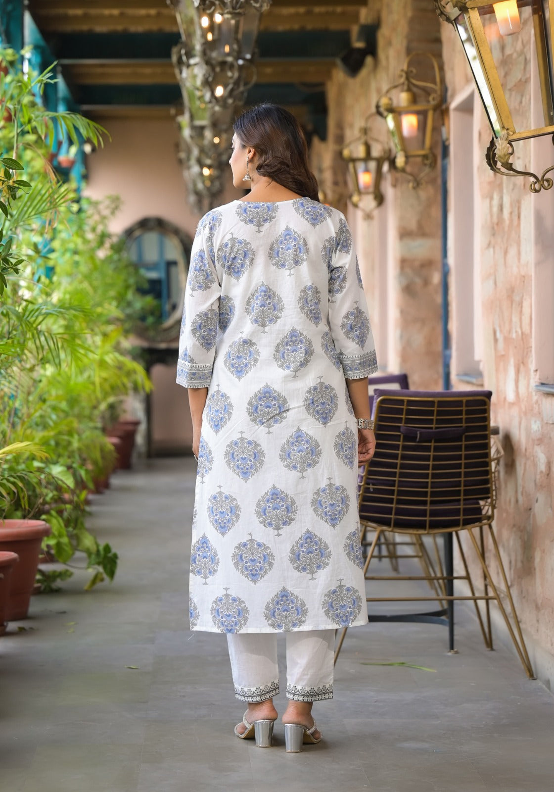 Graceful White & Blue Cotton Printed Kurta Set with Dupatta