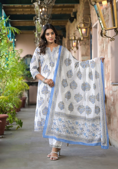 Graceful White & Blue Cotton Printed Kurta Set with Dupatta
