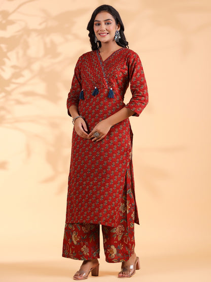 Graceful Maroon Red Floral Kurta Set with Tassel Detailing