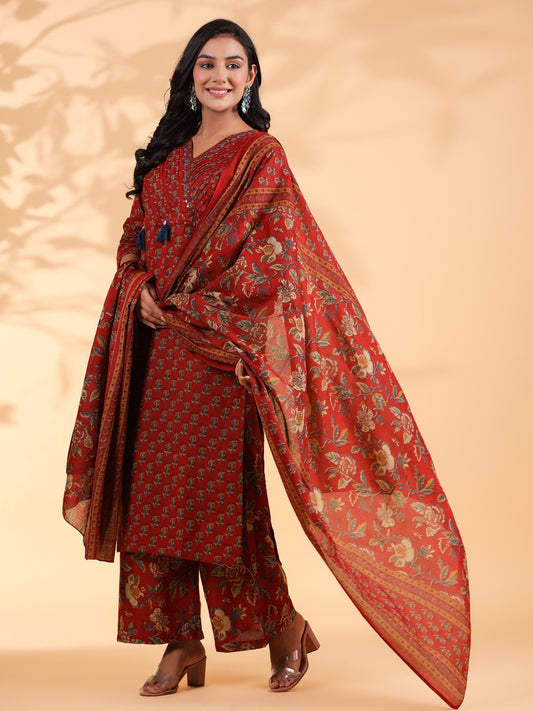 Graceful Maroon Red Floral Kurta Set with Tassel Detailing