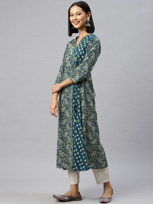 Lime Green Printed Wrap Style Cotton Kurta with 3/4th Sleeves