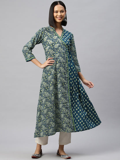 Lime Green Printed Wrap Style Cotton Kurta with 3/4th Sleeves