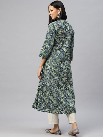 Lime Green Printed Wrap Style Cotton Kurta with 3/4th Sleeves