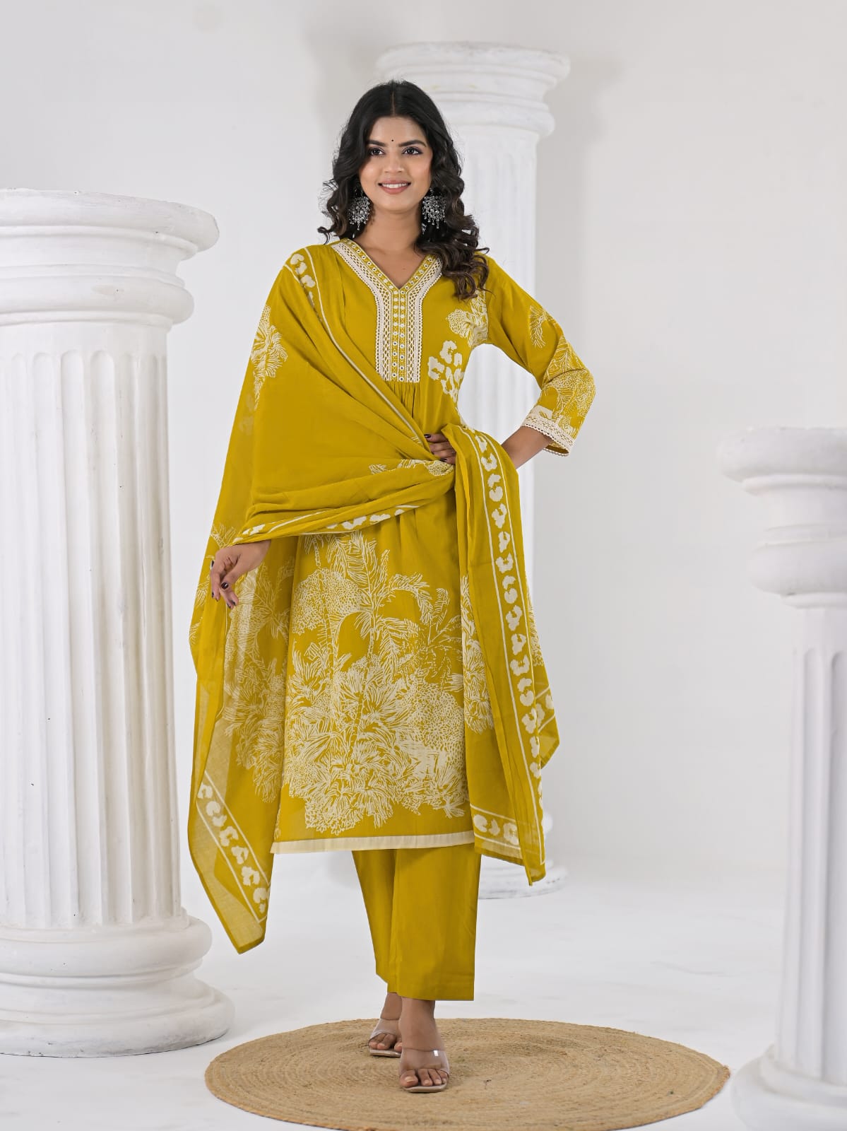 Elegant Yellow Cotton Kurta Set with Printed Dupatta